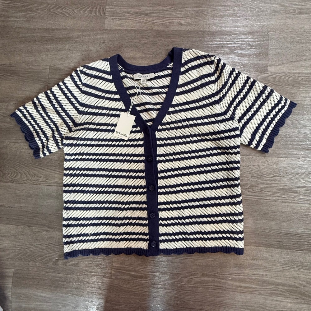 Bogari Stripe Feminine Cardigan Cloud Deep Navy Short Sleeve Knit BWS-601017-GL